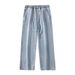 Men's Drawstring Waist Straight Leg Jeans - Relaxed Fit Stretch Denim Pants With Adjustable Ties_mkmklike.com