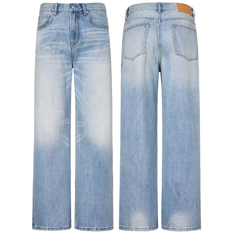 Men's Light Blue Washed Vintage Straight-Leg Jeans – Classic Denim With Distressed Whiskering & Retro Styling_mkmklike.com