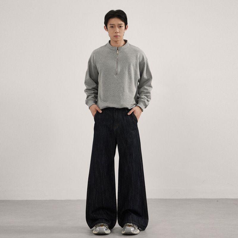 Men's American Vintage Baggy Cargo Pants Bamboo Texture Curved Hem Jeans with Asymmetric Design_mkmklike.com