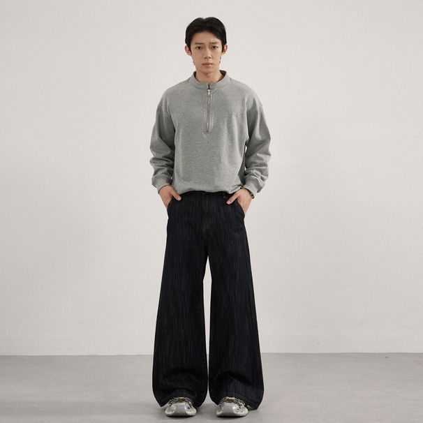 Men's American Vintage Baggy Cargo Pants Bamboo Texture Curved Hem Jeans with Asymmetric Design_mkmklike.com