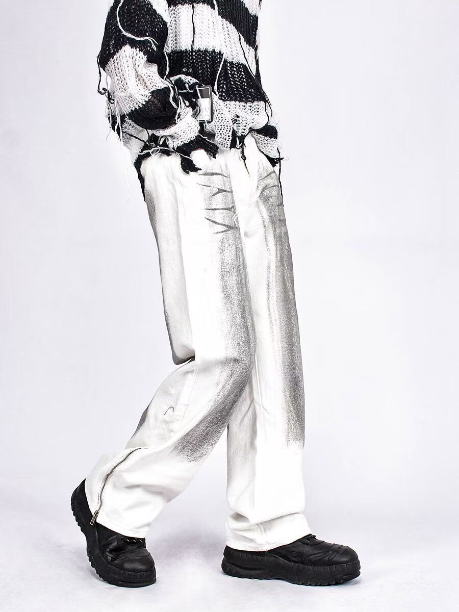 Men's Clothing retro hip-hop distressed ink-splashed tie-dye jeans for men in spring and autumn loose straight leg zippered long pants_mkmklike.com