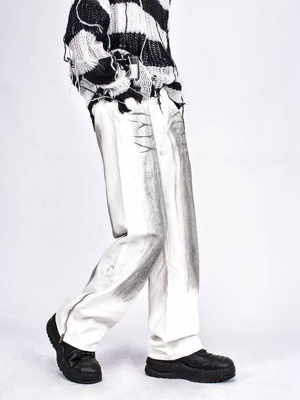 Men's Clothing retro hip-hop distressed ink-splashed tie-dye jeans for men in spring and autumn loose straight leg zippered long pants_mkmklike.com