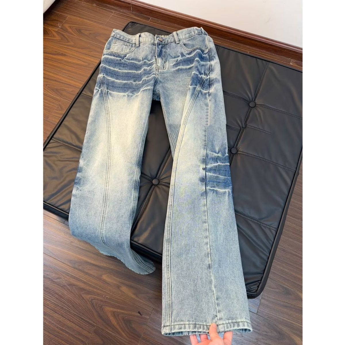 Men's Vintage Washed Distressed Denim Jeans, Relaxed Fit Light Blue High Street Casual Pants For Urban Style_mkmklike.com