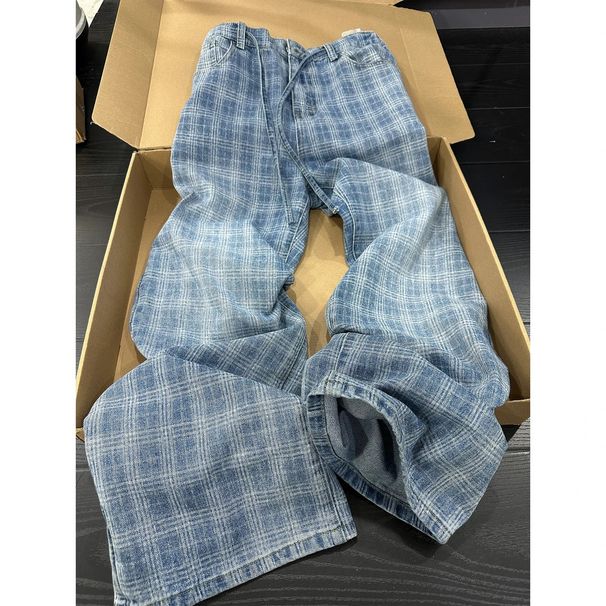 Retro Blue Checkered Denim Jeans – Relaxed Wide-Leg Pants With Flared Hem (Light Blue, S-XXXL)_mkmklike.com