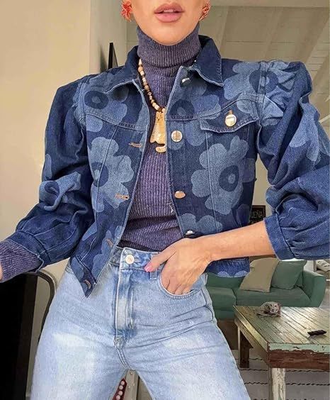 Women’s Floral Embroidered Denim Jacket – Oversized Cropped Fit, Button-Up Collar, Fall & Winter Fashion_mkmklike.com