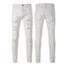 Cross Border European And American Street White Jeans Men's Trendy Brand Patch Holes Handsome Elastic Slim Fit Skinny Pants Foreign Trade_mkmklike.com