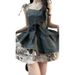 Bow Knot Patchwork Denim Dress For Women's Summer New Collection Waist Slimming Fluffy Floral Short Skirt_mkmklike.com