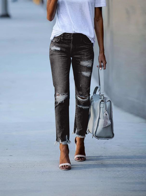 Women's Slim Fit Straight Leg Jeans - High Waist Ripped Denim Pants In Dark Blue, Black & Light Blue (S-XXL)_mkmklike.com