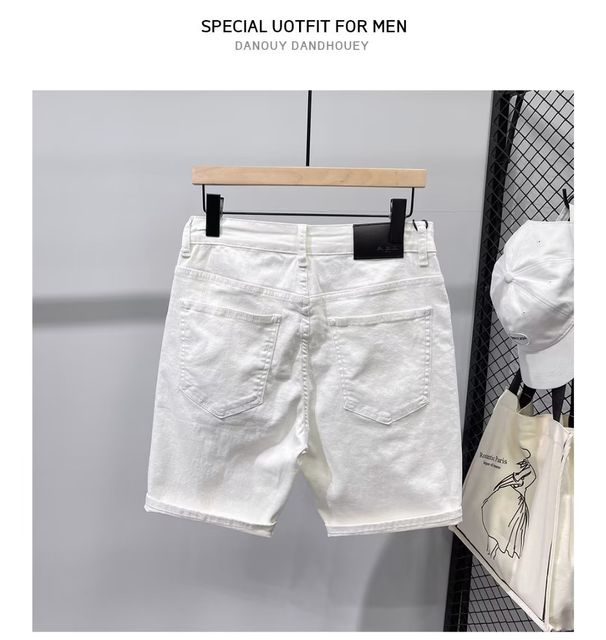 Men's White Denim Shorts Versatile Casual Street Style Cool Trendy Straight Leg Five Point Pants Stretchy Trend_mkmklike.com