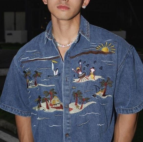Summer New Embroidered Denim Short Sleeve Shirt Unisex Loose Street Style Trend_mkmklike.com