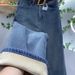 Blue Fleece-Lined Thickened Straight-Leg Jeans Petite Women, New Autumn And Winter High-Waisted Slimming Wide-Leg Pants_mkmklike.com