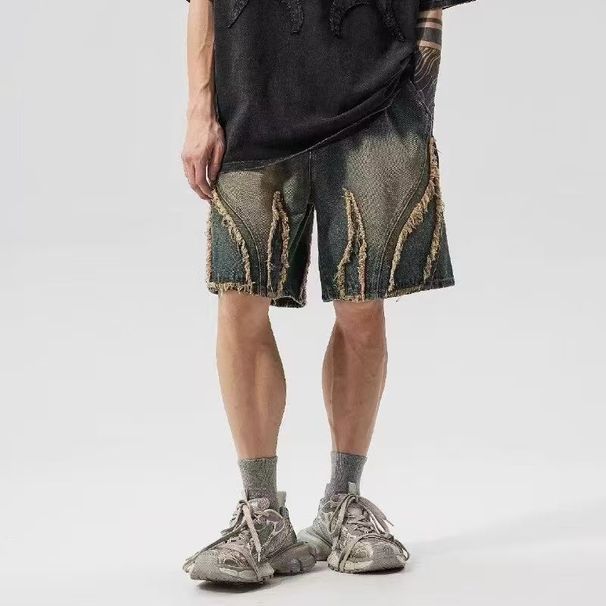Men's Clothing High Street Distressed Denim Shorts Lace Up Retro Washed Casual Loose Fitting Trendy Style_mkmklike.com