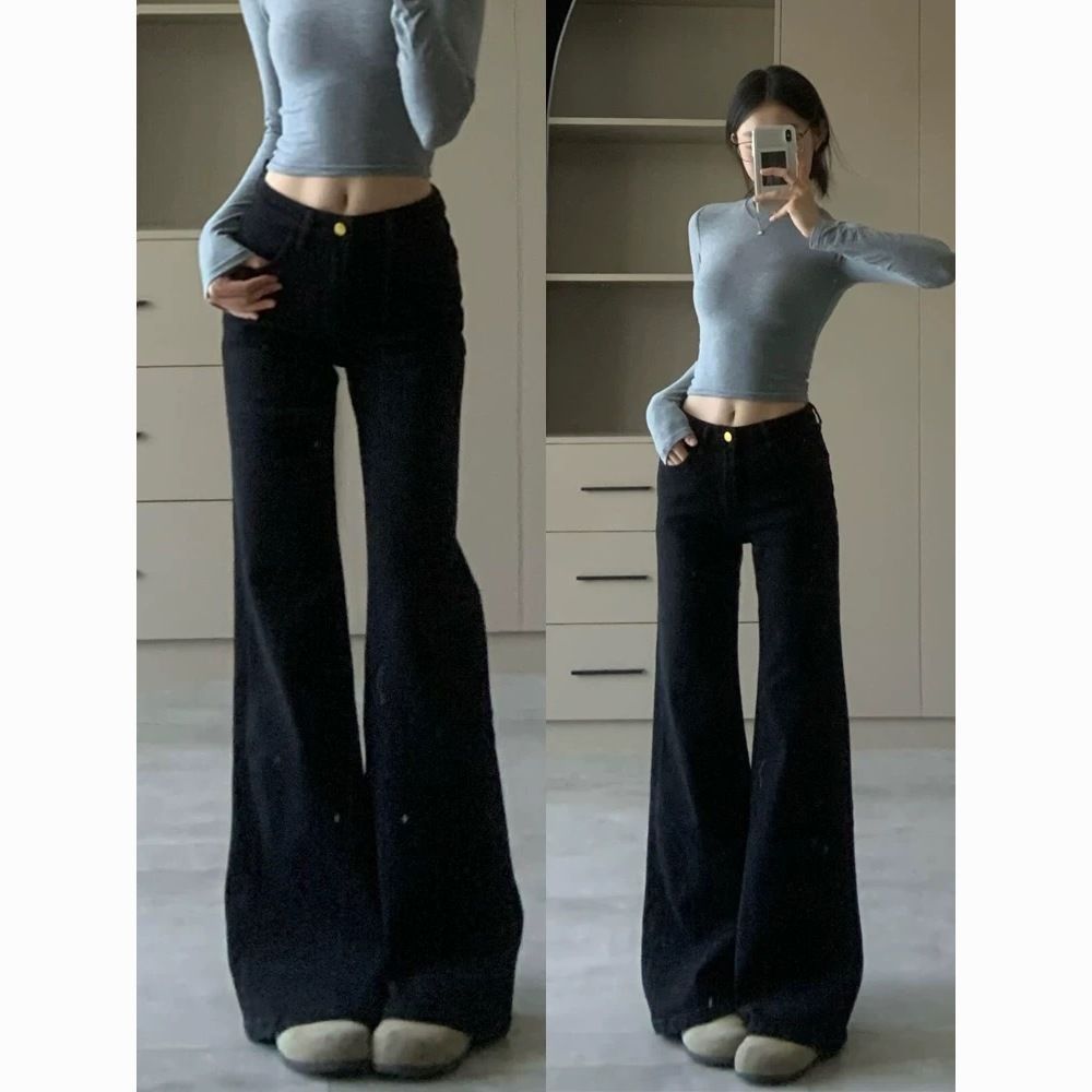 Black Stretch Retro Flared Slimming Jeans For Women Spring Autumn New Fashion Versatile Bootcut Long Pants_mkmklike.com