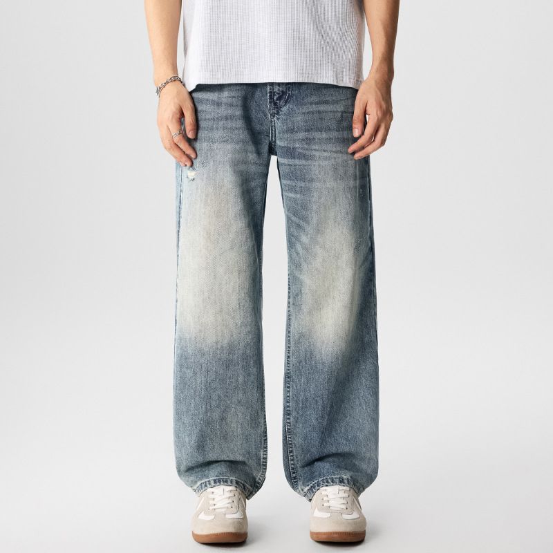 Men's Clothing Streetwear Distressed Jeans - American Style Washed Denim Pants With Bamboo Texture & Ripped Details (Light Blue)_mkmklike.com