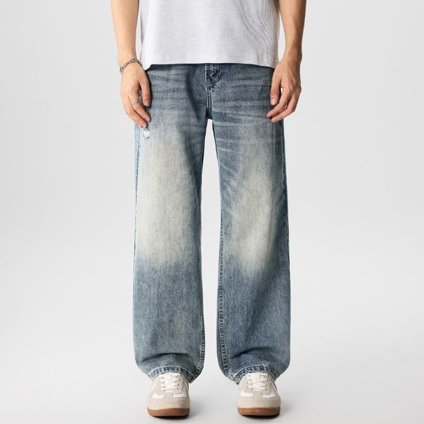 Men's Clothing Streetwear Distressed Jeans - American Style Washed Denim Pants With Bamboo Texture & Ripped Details (Light Blue)_mkmklike.com
