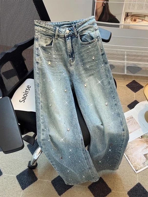 Women's High Waist Flared Jeans With Star Embroidery & Rhinestone Details, Wide Leg Long Pants For Casual & Office Wear _mkmklike.com