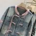 Women's Chinese Style Denim Jacket, Vintage Frog Button Floral Embroidered Jean Coat, Pink Trim Stand Collar Cropped Casual Outerwear For Daily Street_mkmklike.com