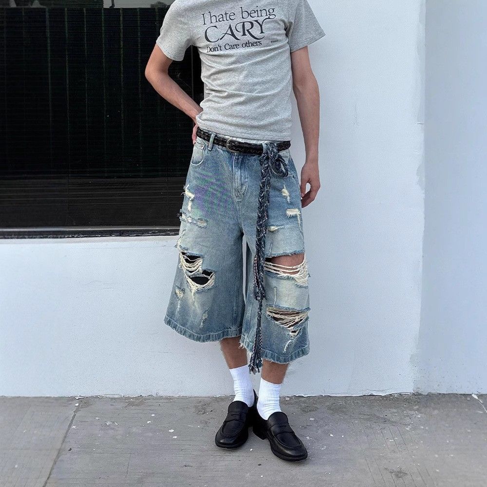 Men's Clothing Retro Hole Wide Leg Jeans For Men And Women Summer Washed Distressed High Waist Loose Straight Leg Seven Point Jeans_mkmklike.com