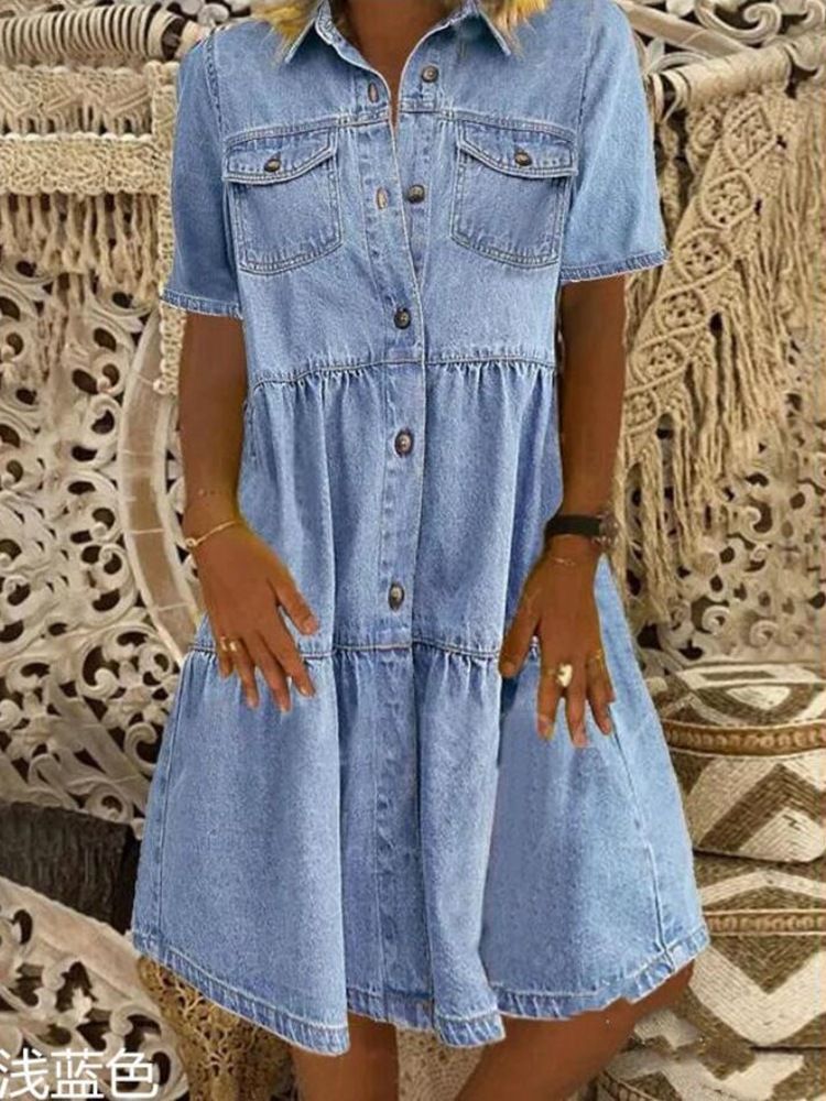 Independent Website AliExpre New European And American Style Short-sleeved Multi-button Multi-pocket Midi Denim_mkmklike.com