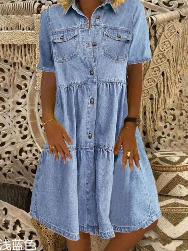 Independent Website AliExpre New European And American Style Short-sleeved Multi-button Multi-pocket Midi Denim_mkmklike.com