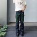 Y2K Flared Jeans For Unisex, Raw Black, Neon Green Geometric Wing Patch, Stacked, Breathable Summer_mkmklike.com