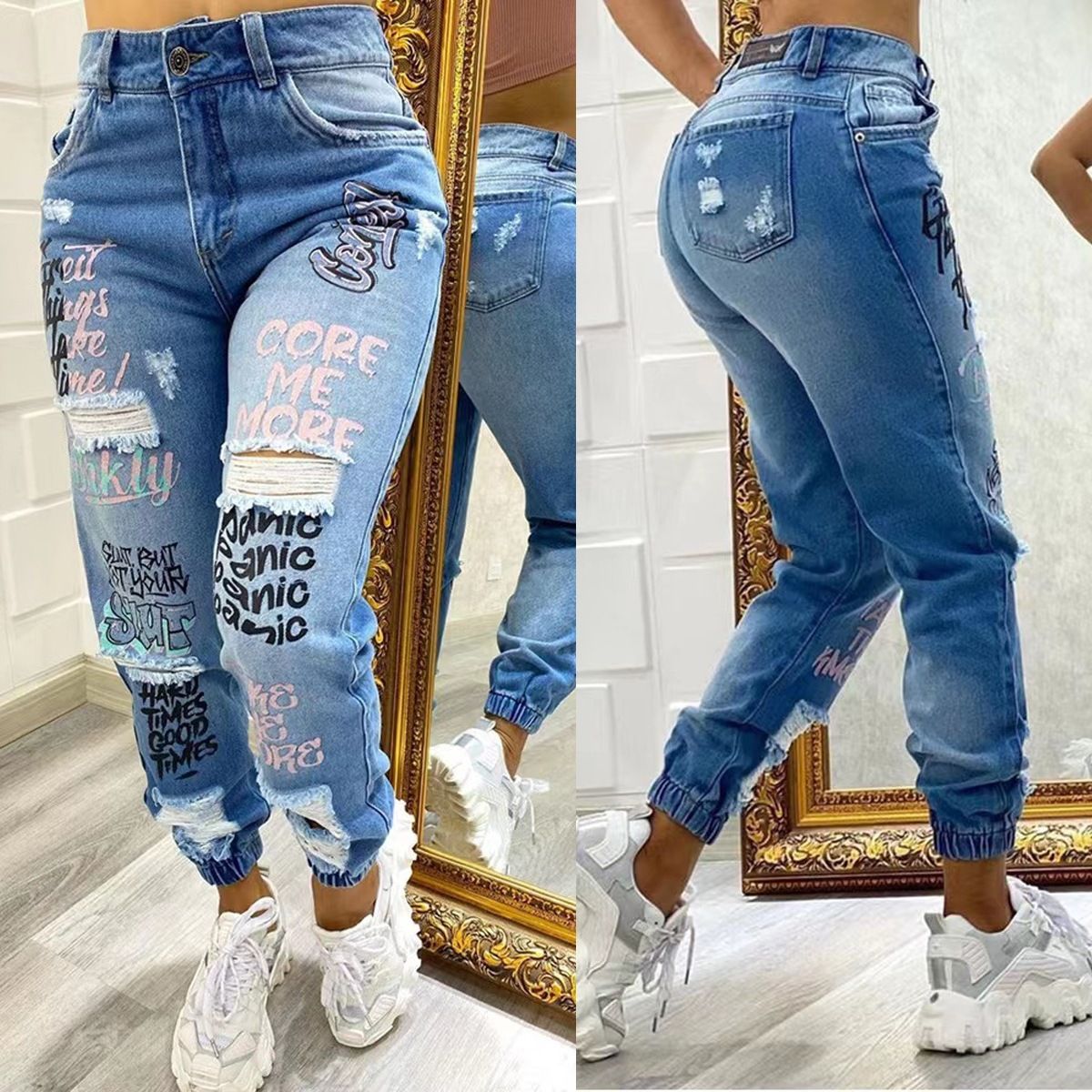Women's Washed Mid-Rise Skinny Jeans Letter Print Ripped Jeans_mkmklike.com
