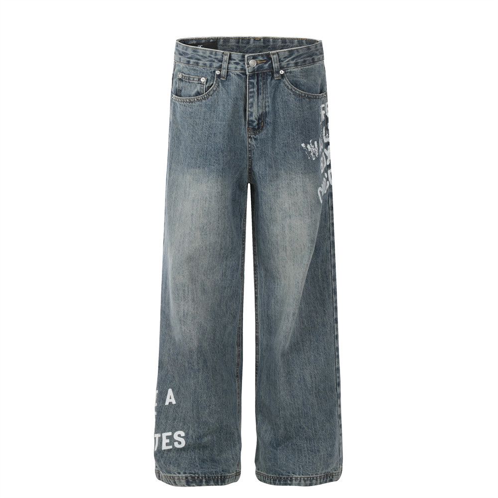 American Style Letter Print Jeans For Men Street Fashion Ins Hip Hop Trend Loose Straight Washed And Faded Long Pants_mkmklike.com