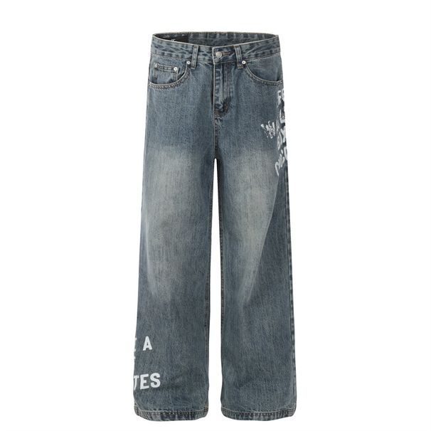 American Style Letter Print Jeans For Men Street Fashion Ins Hip Hop Trend Loose Straight Washed And Faded Long Pants_mkmklike.com