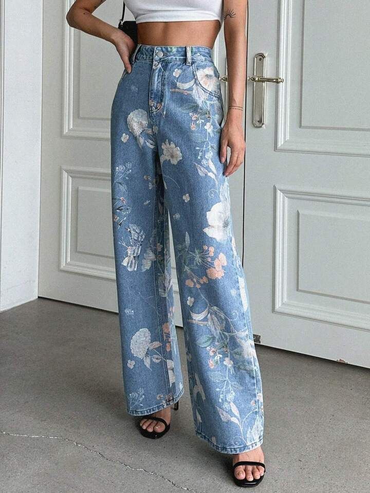 Retro Floral Print Jeans – High-Waisted Wide Leg (Blue, Cotton Blend, Boho Chic S-XL, Washed & Non-Stretch For Authentic Vintage Feel)_mkmklike.com