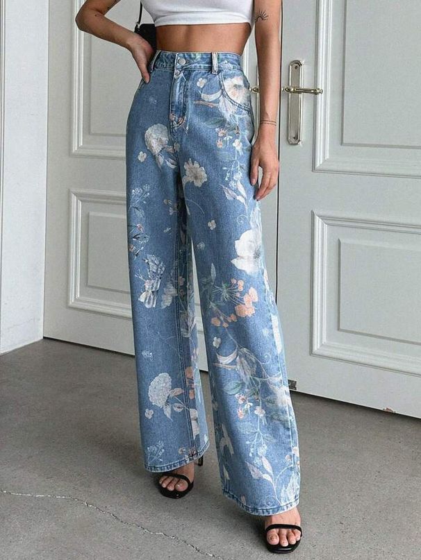 Retro Floral Print Jeans – High-Waisted Wide Leg (Blue, Cotton Blend, Boho Chic S-XL, Washed & Non-Stretch For Authentic Vintage Feel)_mkmklike.com