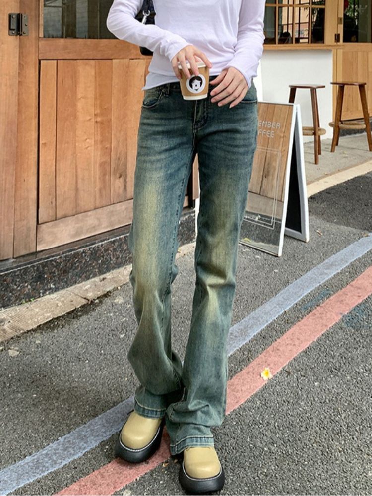 K American Hot Girl Vintage Denim Micro Flared Pants For Women's New Low Rise Slim Fit And Stretchy Flared Pants_mkmklike.com