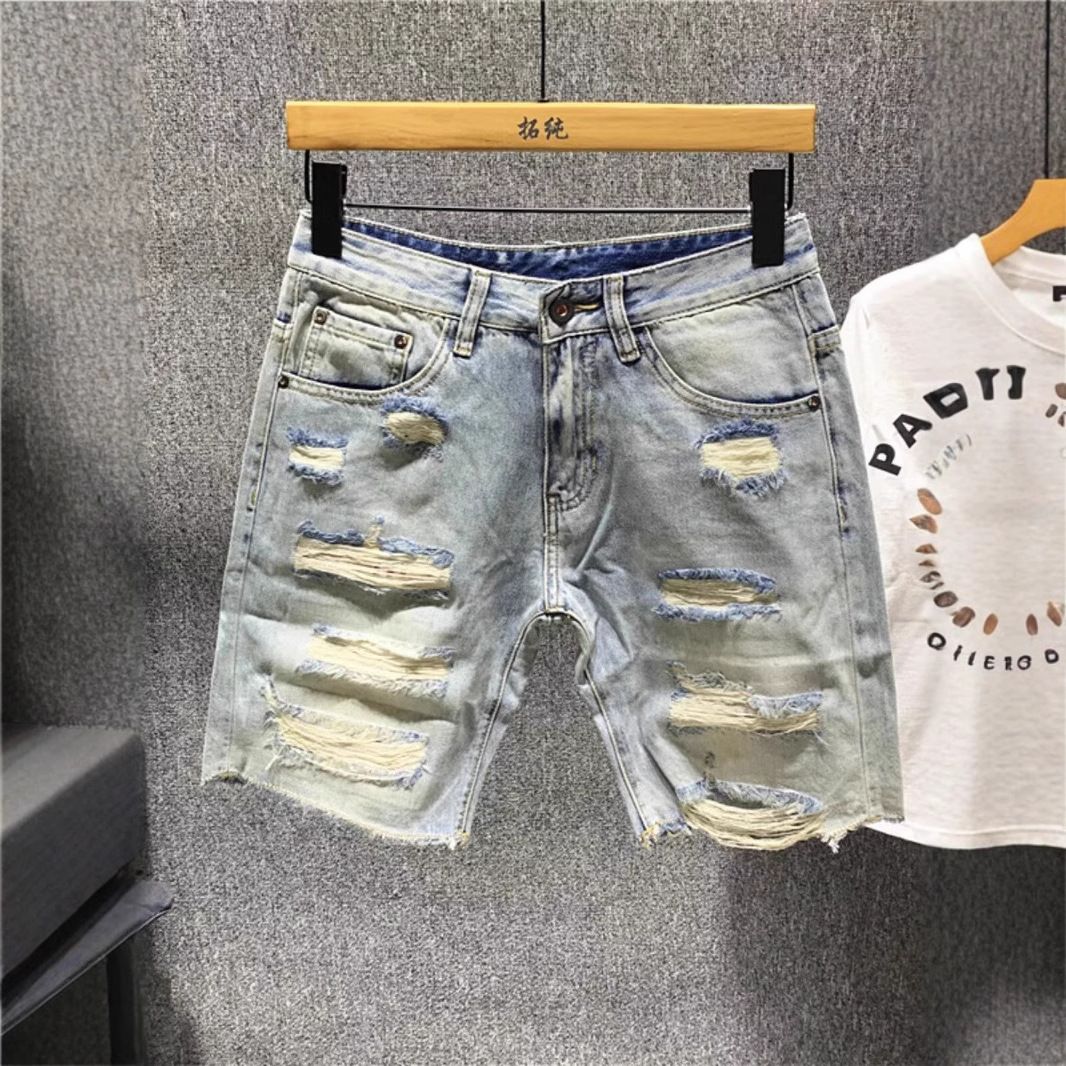 Summer Thin Ripped Denim Men's Trendy Brand Hole Light Blue Washed Five-Point Frayed Straight Mid-Length Shorts_mkmklike.com