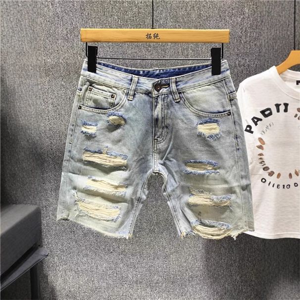 Summer Thin Ripped Denim Men's Trendy Brand Hole Light Blue Washed Five-Point Frayed Straight Mid-Length Shorts_mkmklike.com