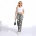 Women's Low-Rise Flared Jeans - Printed Botanical Design & Stretch Denim (S-2XL, Trendy Wide-Leg For Casual Chic)_mkmklike.com