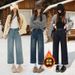 Fleece-lined Autumn Winter Petite Stretch Straight-leg Jeans For Women, High-waisted, Versatile, Warm, Thick, 7/8 Or_mkmklike.com