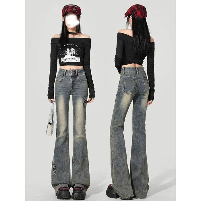 Retro High-waisted Micro-flared Jeans For Women, 2026 Summer Thin New Slim-fit Petite Popular Bootcut Pants_mkmklike.com