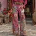 Women's 3D Floral Print Jeans - High-Stretch Polyester Denim Pants, Colorful Botanical Design, Mid-Rise Straight Leg_mkmklike.com