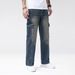 Men's Dark Blue Straight Leg Cargo Jeans Non-Stretch Casual Versatile Multiple Design Techniques_mkmklike.com