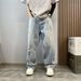 Women's High-Waisted Distressed Paint-Splatter Jeans – Vintage Streetwear & Oversized Straight Leg | Washed Denim | Retro Graffiti Aesthetic_mkmklike.com