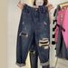 Plus-size Vintage Ripped Straight-leg Jeans For Women, New Loose-fitting Slimming High-waisted Harem-style Dad Pants_mkmklike.com