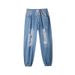 Men's Clothing Blue Distressed Casual Jogging Pants Drawstring Ripped Jeans Independent Website Trendy_mkmklike.com