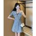 Lotus Leaf Collar Denim Summer Women's New French Style Waist Cinching Dress, Slimming Off Exuding A Luxurious And_mkmklike.com