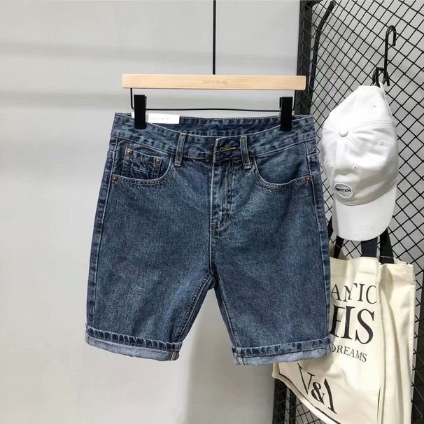 American Summer Casual New Retro Slim Fit Solid Color Denim Shorts Blue Men's Straight Non-elastic Five Points Male Denim Shorts_mkmklike.com