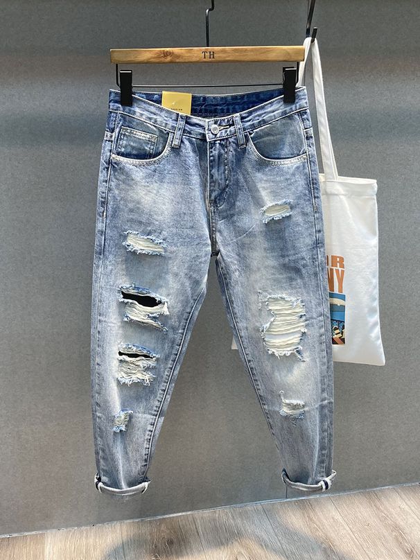 Men's Distressed Loose Fit Denim Jeans Straight Leg Nine-Part Harem Pants Spring 2024 Trendy Streetwear Casual_mkmklike.com