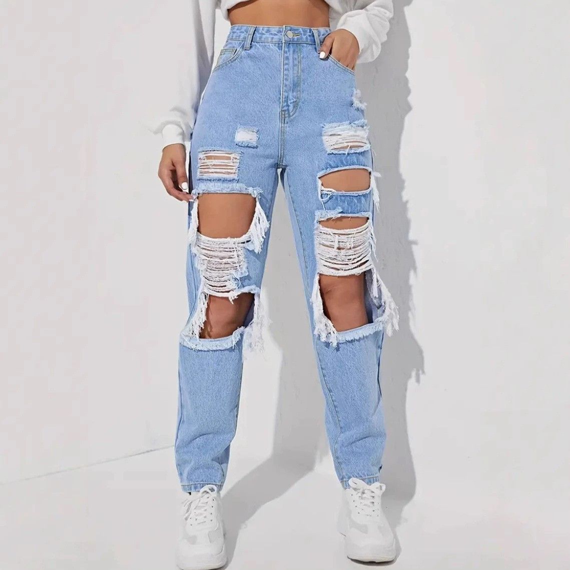 Women's Clothing Trendy Distressed Ripped Jeans For Women Washed Straight Leg Ladies Trousers_mkmklike.com