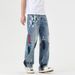 Spring And Summer Trend Street Retro Graffiti Contrasting Color Straight Jeans Men's Loose American High Street Wide-leg Floor-mopping Trousers_mkmklike.com