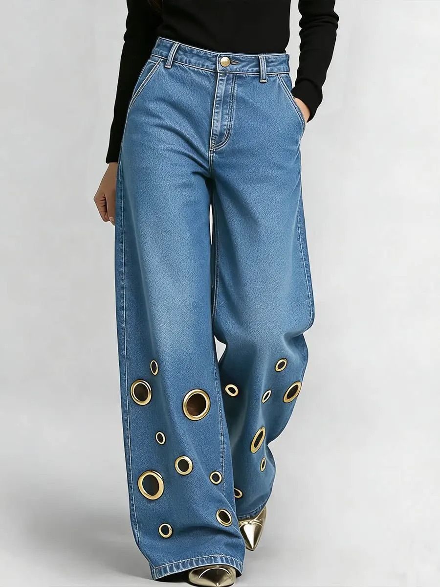High-Waisted Loose-Fitting Cutout Jeans Metallic Eyelets Hollowed out Detail Wholesale Denim Trousers_mkmklike.com