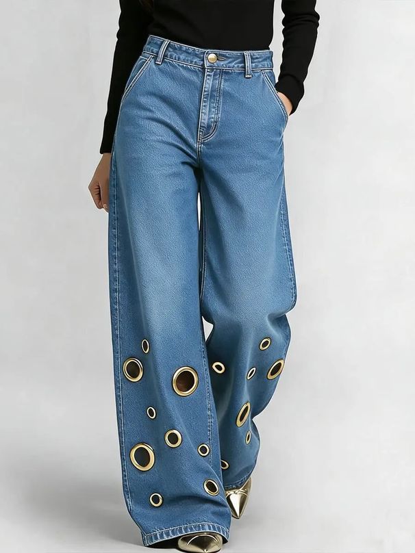 High-Waisted Loose-Fitting Cutout Jeans Metallic Eyelets Hollowed out Detail Wholesale Denim Trousers_mkmklike.com