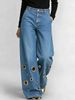 High-Waisted Loose-Fitting Cutout Jeans Metallic Eyelets Hollowed out Detail Wholesale Denim Trousers_mkmklike.com