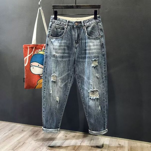 Men's High Street Retro Ripped Beggar Pants Loose Straight Harem Jeans Trendy Nine Point Spring Summer Clothing_mkmklike.com